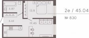 Апарт-комплекс «17/33 Петровский остров», планировка 1-комнатной квартиры, 45.04 м²