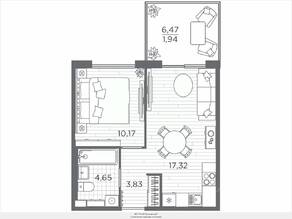 ЖК «Plus Пулковский», планировка 1-комнатной квартиры, 37.91 м²