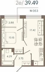 Апарт-комплекс «17/33 Петровский остров», планировка 1-комнатной квартиры, 39.49 м²