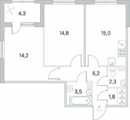 ЖК «Югтаун. Олимпийские кварталы», планировка 2-комнатной квартиры, 59.95 м²