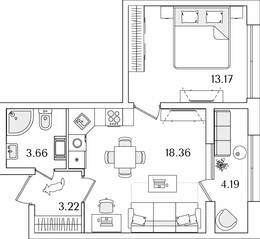 ЖК «БелАрт», планировка 1-комнатной квартиры, 40.51 м²