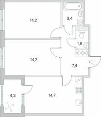 ЖК «Югтаун. Олимпийские кварталы», планировка 2-комнатной квартиры, 57.85 м²