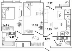 ЖК «Master Place», планировка 2-комнатной квартиры, 57.49 м²