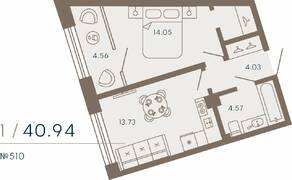 Апарт-комплекс «17/33 Петровский остров», планировка 1-комнатной квартиры, 40.94 м²