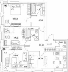 ЖК «Тайм Сквер», планировка 3-комнатной квартиры, 92.10 м²