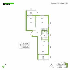 ЖК «Simple», планировка 2-комнатной квартиры, 61.70 м²