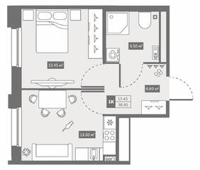 Апарт-комплекс «Avenue Apart Pulkovo», планировка 1-комнатной квартиры, 38.85 м²
