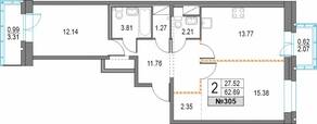 ЖК «Приморский квартал», планировка 2-комнатной квартиры, 62.69 м²