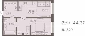 Апарт-комплекс «17/33 Петровский остров», планировка 1-комнатной квартиры, 44.37 м²