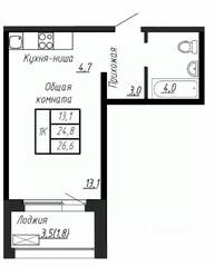 ЖК «Сибирь», планировка 1-комнатной квартиры, 26.60 м²