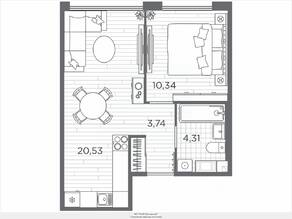 ЖК «Plus Пулковский», планировка 1-комнатной квартиры, 38.92 м²