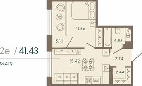 Апарт-комплекс «17/33 Петровский остров», планировка 1-комнатной квартиры, 41.43 м²