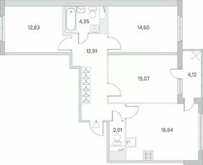 ЖК «Ясно. Янино», планировка 3-комнатной квартиры, 82.47 м²