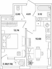 ЖК «Академик», планировка 1-комнатной квартиры, 40.33 м²