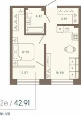 Апарт-комплекс «17/33 Петровский остров», планировка 1-комнатной квартиры, 42.91 м²