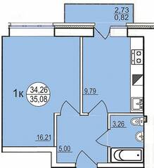 ЖК «Солнечный парус-2», планировка 1-комнатной квартиры, 35.10 м²