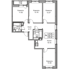 ЖК «Юнтолово», планировка 4-комнатной квартиры, 83.32 м²