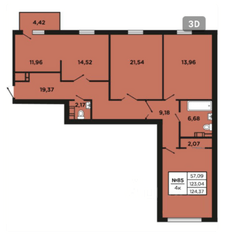 ЖК «Новый Невский», планировка 3-комнатной квартиры, 124.37 м²