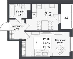 ЖК «Феникс», планировка 1-комнатной квартиры, 41.05 м²