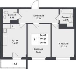 ЖК «Феникс», планировка 2-комнатной квартиры, 59.76 м²