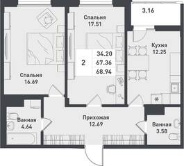 ЖК «Феникс», планировка 2-комнатной квартиры, 68.94 м²