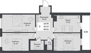 ЖК «Феникс», планировка 3-комнатной квартиры, 88.83 м²