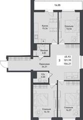 ЖК «Феникс», планировка 3-комнатной квартиры, 106.21 м²
