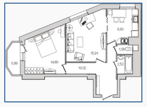 ЖК «Шекспир», планировка 2-комнатной квартиры, 54.36 м²