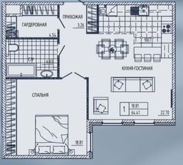 ЖК «Маленькая Франция», планировка 1-комнатной квартиры, 64.41 м²