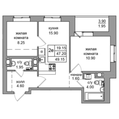 ЖК «Северная долина», планировка 2-комнатной квартиры, 49.15 м²