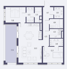 ЖК «Малоохтинский, 68», планировка 2-комнатной квартиры, 93.84 м²