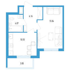 ЖК «Аэросити 2», планировка 1-комнатной квартиры, 37.77 м²