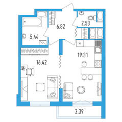 ЖК «Leningrad», планировка 1-комнатной квартиры, 51.70 м²