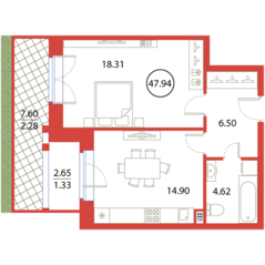 ЖК «Ariosto!», планировка 1-комнатной квартиры, 47.94 м²