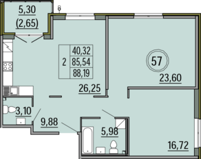 МЖК «Образцовый квартал 8», планировка 2-комнатной квартиры, 85.80 м²