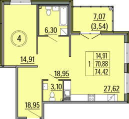 МЖК «Образцовый квартал 8», планировка 1-комнатной квартиры, 71.00 м²