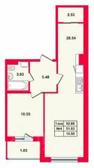 ЖК «Лисий Нос green», планировка 1-комнатной квартиры, 53.90 м²