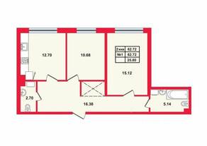 ЖК «Лисий Нос green», планировка 2-комнатной квартиры, 62.20 м²
