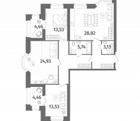 ЖК «Новое Купчино», планировка 3-комнатной квартиры, 117.50 м²