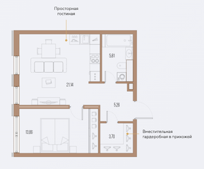 ЖК «Малоохтинский, 68», планировка 1-комнатной квартиры, 48.51 м²