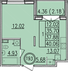 МЖК «Образцовый квартал 13», планировка 1-комнатной квартиры, 40.06 м²