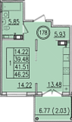 МЖК «Образцовый квартал 13», планировка 1-комнатной квартиры, 46.25 м²